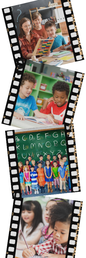 four different pictures of young students in school, laid out in the old negative film format